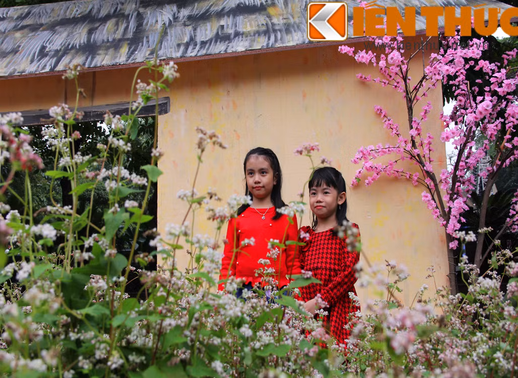 Hai cô bé e thẹn bên những khóm hoa.