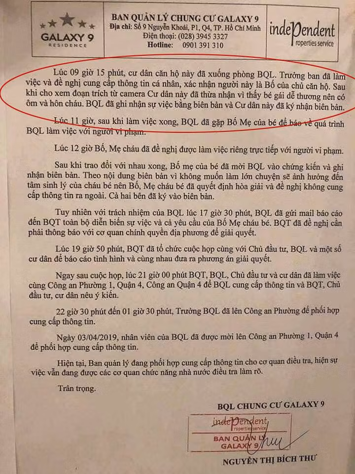 Sự việc Nguyễn Hữu Linh sàm sỡ bé gái trong thang máy được Ban quản lý chung cư đã thông báo cho cư dân.