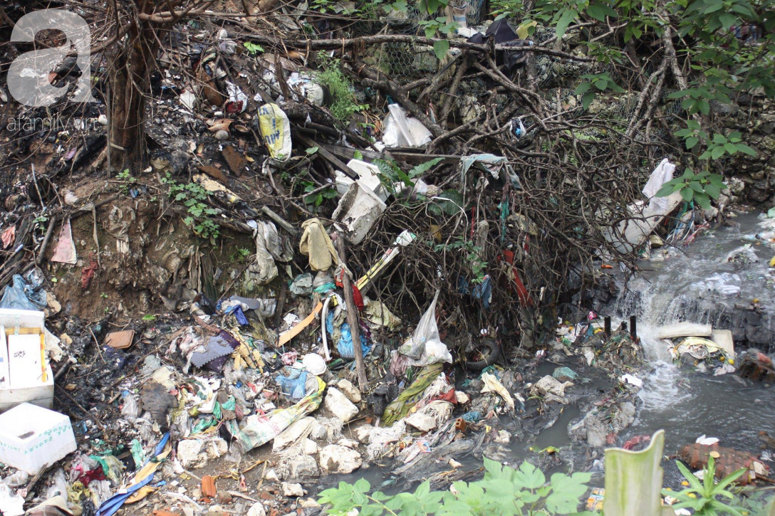 Rác thải từ khắp nơi đổ la liệt xung quanh dường đi vào khu dân cư, đổ lênh láng xuống mương.