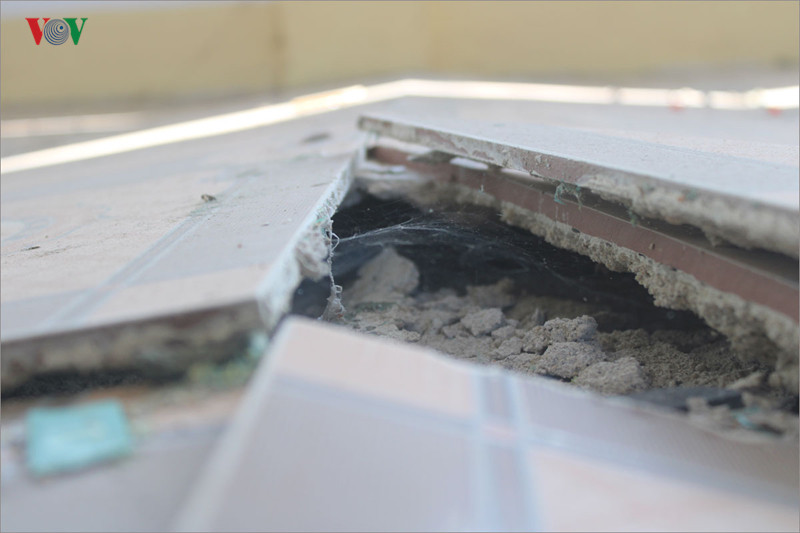 Khuôn viên trường rêu phong phủ đầy, nhiều cánh cửa chính, cửa sổ bị hư hỏng, kính vỡ, nền gạch bị nứt nẻ bong tróc.