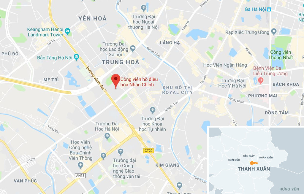 Công viên hồ điều hòa Nhân Chính (chấm đỏ) nằm gần đường vành đai 3 và đường Hoàng Minh Giám, một trong những vị trí đắc địa về phía tây nam của Hà Nội. Ảnh: Google Maps. 