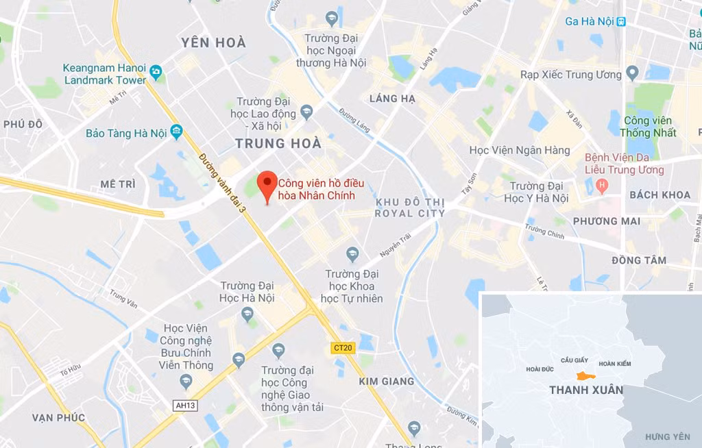 Công viên hồ điều hòa Nhân Chính (chấm đỏ) nằm gần đường vành đai 3 và đường Hoàng Minh Giám, một trong những vị trí đắc địa về phía tây nam của Hà Nội. Ảnh: Google Maps. 