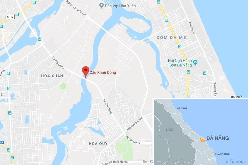 Chân cầu Khuê Đông, nơi có bãi rác tự phát thuộc phường Hòa Xuân, quận Cẩm Lệ, Đà Nẵng. Ảnh: Google Maps.