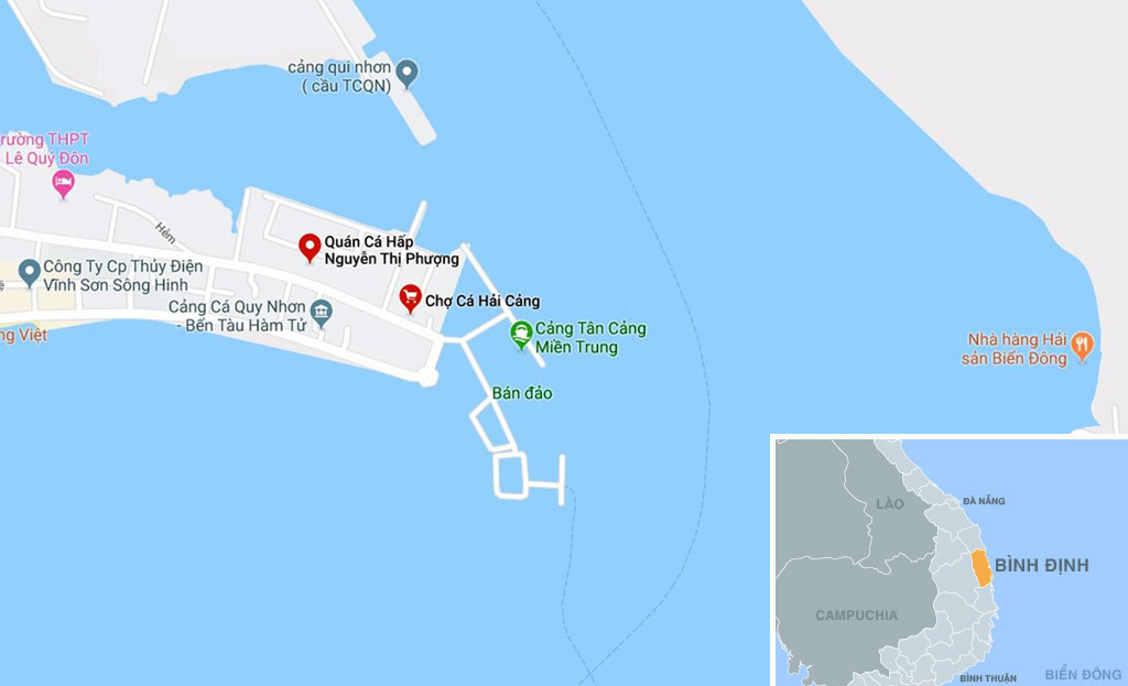 Chợ cá Hải Cảng (mũi tên đỏ, TP. Quy Nhơn). Ảnh: Google Maps.