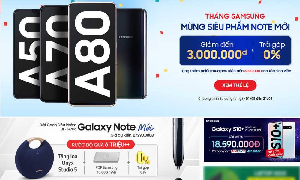 Ngoài ra, Samsung cũng đang tung rất nhiều khuyến mãi nhằm tránh ảnh hưởng doanh số bết bát trong tháng cô hồn. Siêu phẩm Note 10 đang được hãng cho đặt trước với giá giảm trực tiếp 3 triệu đồng kèm theo combo quà giá trị lên tới cả chục triệu (Loa Onyx Studio 5 của Mỹ, pin sạc dự phòng không dây, đồng hồ thể thao).