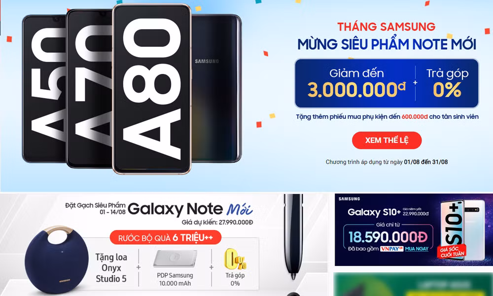 Ngoài ra, Samsung cũng đang tung rất nhiều khuyến mãi nhằm tránh ảnh hưởng doanh số bết bát trong tháng cô hồn. Siêu phẩm Note 10 đang được hãng cho đặt trước với giá giảm trực tiếp 3 triệu đồng kèm theo combo quà giá trị lên tới cả chục triệu (Loa Onyx Studio 5 của Mỹ, pin sạc dự phòng không dây, đồng hồ thể thao).