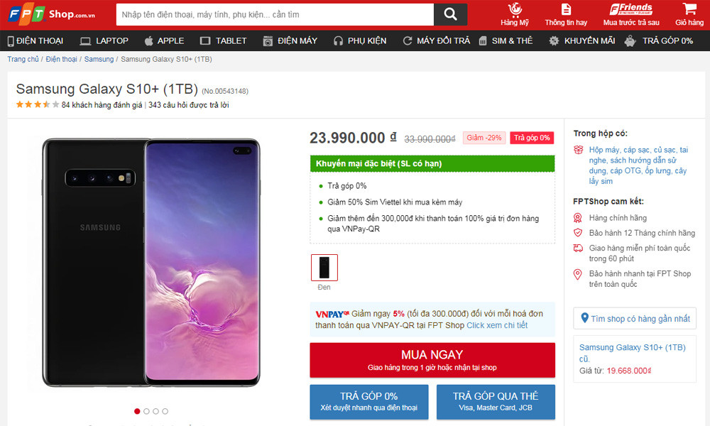 Mức giảm khủng khiếp nhất chắc chắn thuộc về mẫu Samsung S10+ chính hãng bán tại FPT. Máy đang được giảm trực tiếp tới 10 triệu đồng (tương đương 29% giá gốc) cho phiên bản bộ nhớ trong 1TB. Mức giá không tưởng này rẻ tiệm cận với phiên bản 128GB và thậm chí rẻ hơn cả phiên bản 512GB của chính chiếc máy.