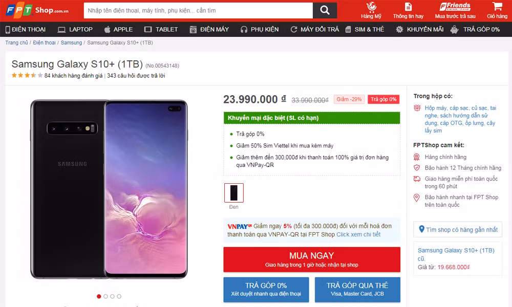 Mức giảm khủng khiếp nhất chắc chắn thuộc về mẫu Samsung S10+ chính hãng bán tại FPT. Máy đang được giảm trực tiếp tới 10 triệu đồng (tương đương 29% giá gốc) cho phiên bản bộ nhớ trong 1TB. Mức giá không tưởng này rẻ tiệm cận với phiên bản 128GB và thậm chí rẻ hơn cả phiên bản 512GB của chính chiếc máy.