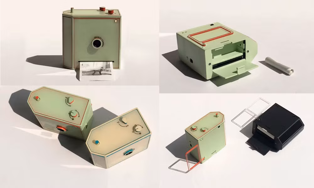 Máy có thiết kế rất đơn giản: một hộp nhựa vuông với phần báng cầm được vát chéo hai cạnh. Mặt trước của máy có hệ thấu kính fix không thay đổi. Ngay bên dưới ống kính nhỏ xinh này là khe nhả ảnh của máy. Cạnh trên của máy, ngoài nút chụp ra còn có thêm 2 nút: bật tắt nguồn và một phím xoay chỉnh các chế độ chụp. Mặt sau máy là nắp đậy.