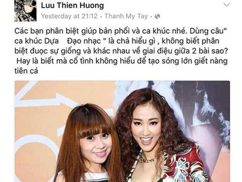 Ngoài vạ miệng, Lưu Thiên Hương cũng dính nhiều ồn ào. Năm 2016, bài hát “Dựa” của Lưu Thiên Hương bị một DJ - Producer người Ý có tên Razihel tố đạo nhạc ca khúc "Legends" của anh. Tuy nhiên, nữ ca sĩ phủ nhận. Cô cho rằng, bản phối ca khúc “Dựa” chỉ có câu dạo giống bài “Legends”. Ảnh: VTV