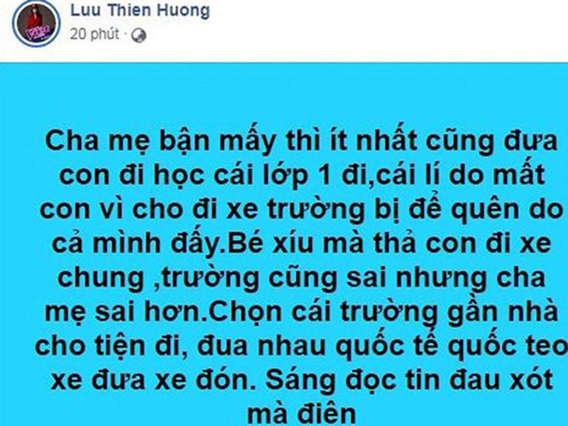 Nhiều người cho rằng Lưu Thiên Hương không nên đổ lỗi cho gia đình bé trai tử vong. Trước sự bức xúc của cư dân mạng, chị gái của Lưu Hương Giang đã phải đóng trang cá nhân.