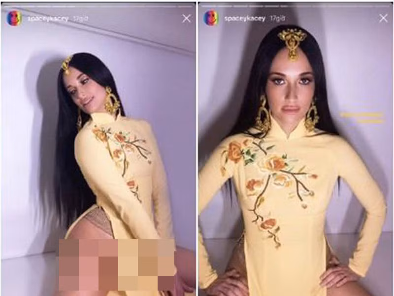 Kacey Musgraves mặc áo dài nhưng "quên" quần. Ngoài ra, tư thế ngồi của cô cũng bị đánh giá phản cảm.