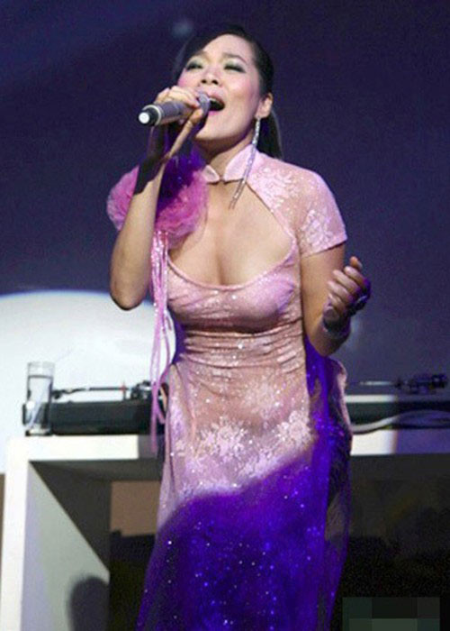 Ca sĩ Mỹ Lệ bị chê mặc phản cảm vì trang phục áo dài có khoảng hở quá lớn ở trước ngực. Ảnh: Lao động