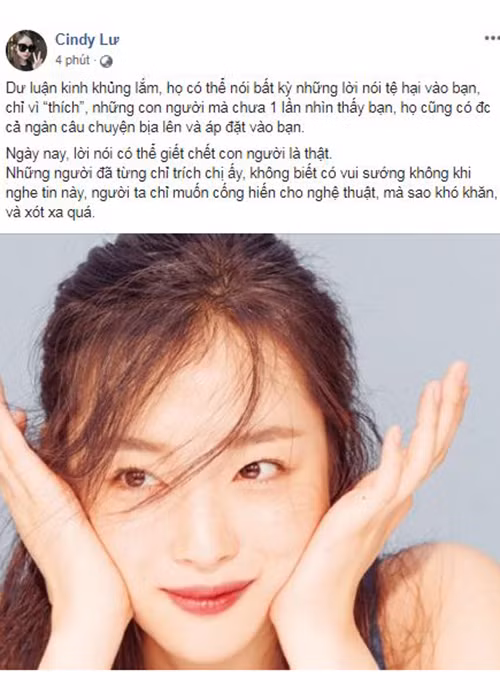 Cindy Lư - bà xã của Hoài Lâm chia sẻ nghệ sĩ phải chịu áp lực lớn từ dư luận. Trước sự ra đi của Sulli, Cindy cảm thấy xót xa.