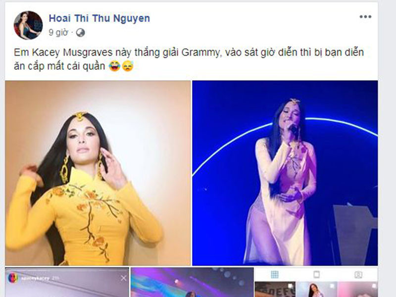 Hoa hậu Thu Hoài mỉa mai Kacey Musgraves mặc phản cảm.