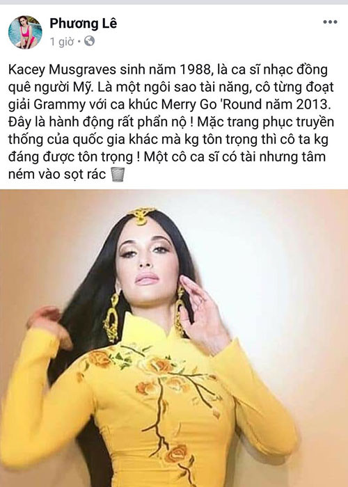 Hoa hậu Phương Lê lên tiếng: "Mặc trang phục truyền thống của quốc gia khác mà không tôn trọng thì cô ta không đáng được tôn trọng. Một cô ca sĩ có tài nhưng tâm ném vào sọt rác".