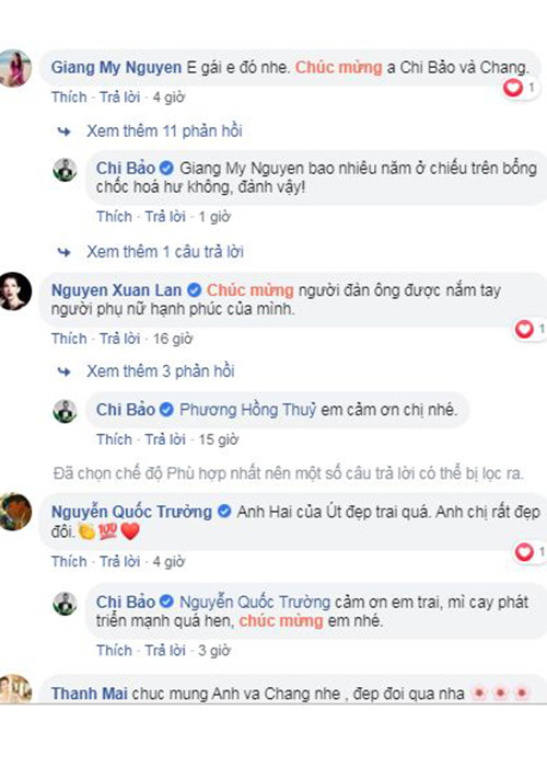 Nhiều sao Việt như Quốc Trường, Giáng My, Thanh Mai, Xuân Lan khen Chi Bảo và bạn gái trông rất đẹp đôi.