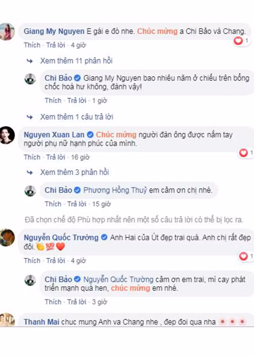 Nhiều sao Việt như Quốc Trường, Giáng My, Thanh Mai, Xuân Lan khen Chi Bảo và bạn gái trông rất đẹp đôi.