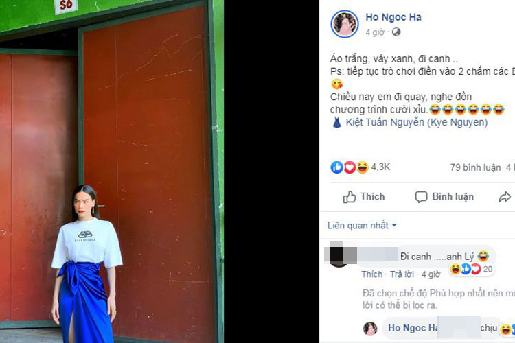 Giữa tin đồn chia tay Kim Lý, Hồ Ngọc Hà khéo léo phủ nhận. "Áo trắng, váy xanh, đi canh...Tiếp tục trò chơi điền vào 2 chấm các bác. Chiều nay em đi nghe đồn chương trình cười xỉu", cô viết. Ở phần bình luận, khi fan chia sẻ: "Đi canh anh Lý", Hà Hồ đáp: "chịu".