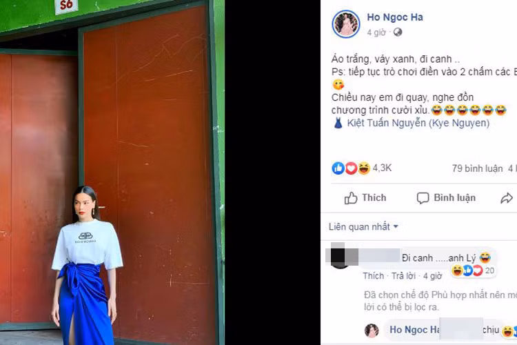 Giữa tin đồn chia tay Kim Lý, Hồ Ngọc Hà khéo léo phủ nhận. "Áo trắng, váy xanh, đi canh...Tiếp tục trò chơi điền vào 2 chấm các bác. Chiều nay em đi nghe đồn chương trình cười xỉu", cô viết. Ở phần bình luận, khi fan chia sẻ: "Đi canh anh Lý", Hà Hồ đáp: "chịu".