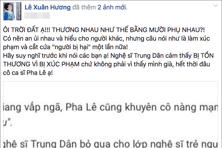 Vợ cũ của Thanh Bạch nhắn nhủ Pha Lê: "Nghệ sĩ Trung Dân tổn thương vì bị xúc phạm chứ không phải vì thấy mình già, hết thời đâu cô ca sĩ Pha Lê ạ" . Ảnh: Vietnamnet