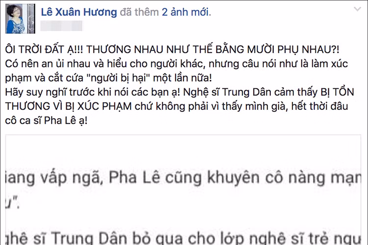Vợ cũ của Thanh Bạch nhắn nhủ Pha Lê: "Nghệ sĩ Trung Dân tổn thương vì bị xúc phạm chứ không phải vì thấy mình già, hết thời đâu cô ca sĩ Pha Lê ạ" . Ảnh: Vietnamnet