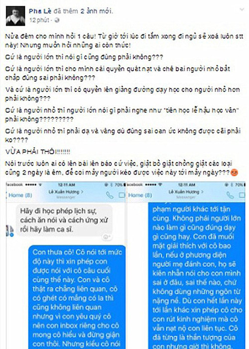 Ồn ào tiếp diễn khi nghệ sĩ Xuân Hương nhắn tin “dạy dỗ” Pha Lê: "Hãy đi học phép lịch sự, cách ăn nói và cách ứng xử rồi hãy làm ca sĩ". Ảnh: Vietnamnet