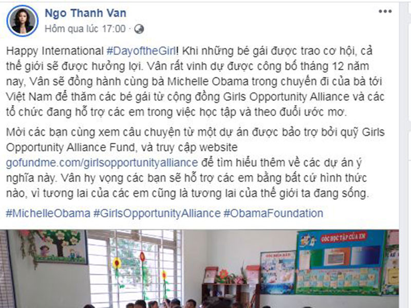Trên trang cá nhân, nữ diễn viên Ngô Thanh Vân cũng xác nhận đồng hành cùng bà Michelle Obama trong chuyến đi của bà tới Việt Nam để thăm các bé gái từ cộng đồng Girls Opportunity Alliance (tạm dịch: Liên minh cơ hội cho các bé gái).