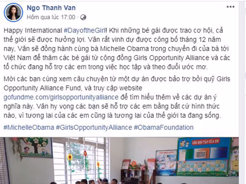 Trên trang cá nhân, nữ diễn viên Ngô Thanh Vân cũng xác nhận đồng hành cùng bà Michelle Obama trong chuyến đi của bà tới Việt Nam để thăm các bé gái từ cộng đồng Girls Opportunity Alliance (tạm dịch: Liên minh cơ hội cho các bé gái).