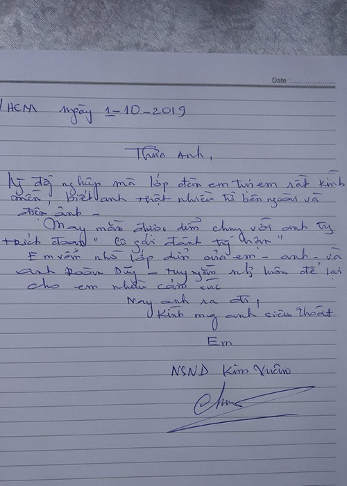 Trong sổ tang, nghệ sĩ Kim Xuân gửi lời vĩnh biệt đến người đàn anh mà bà kính trọng.