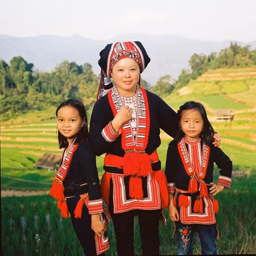 Người phụ nữ trẻ tuổi và 2 bé gái người Dao Đỏ trước ruộng bậc thang. Một nét văn hóa đặc trưng của đồng bào dân tộc miền núi phía Bắc. Bức ảnh được chụp tại một bản người Dao Đỏ tại xã Nam Hồng - Huyện Hoàng Su Phì (Hà Giang).