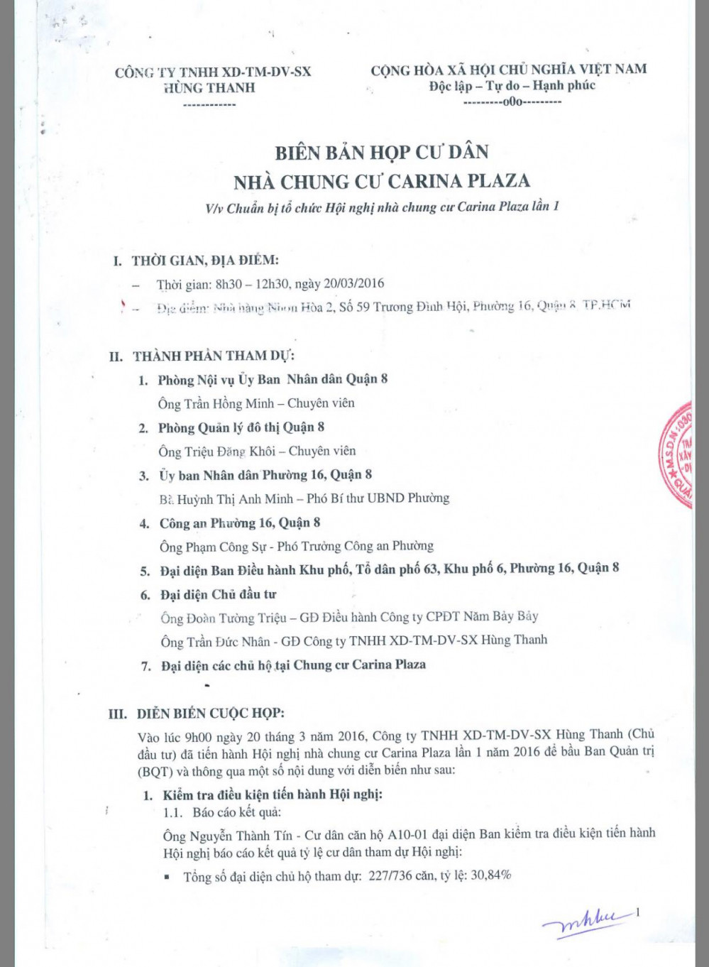 Biên bản họp cư Carina lần 1 vào ngày 20/3/2016 ghi rõ ông Đoàn Tường Triệu tham dự với vai trò chủ đầu tư.