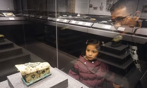 Khách tham quan chiêm ngưỡng cổ vật thời nhà Đường được trưng bày trong tủ kính.