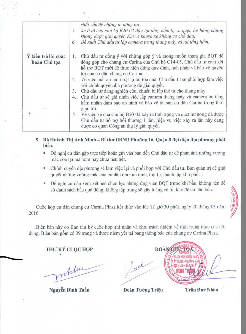 Cuối biên bản hội nghị đều có chữ ký của hai đại điện chủ đầu tư là ông Trần Đức Nhân và Đoàn Tường Triệu.