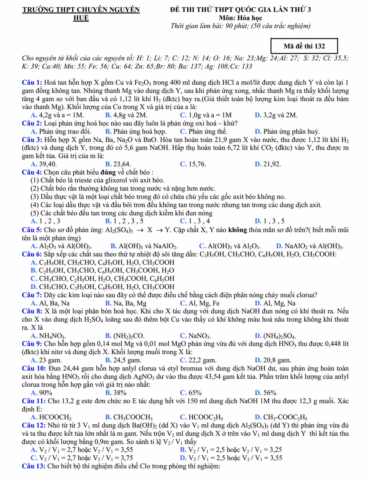 De thi thu THPT quoc gia mon Hoa 2015 chuyen Nguyen Hue