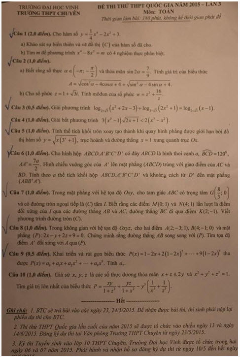 De thi thu THPT quoc gia 2015 mon Toan chuyen DH Vinh lan 3