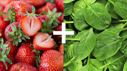 Để bổ sung sắt, bạn nên ăn thực phẩm giàu sắt như rau bina kết hợp với thực phẩm giàu vitamin C như trái cây họ cam quýt, dâu tây. Nguyên nhân bởi vitamin C thúc đẩy cơ thể hấp thu lượng sắt nhiều hơn. Bạn có thể làm món salad bằng rau bina với các loại quả như ớt chuông, đậu xanh, cà chua. Nếu không, dùng ngũ cốc kết hợp với nước cam cũng khá hiệu quả.