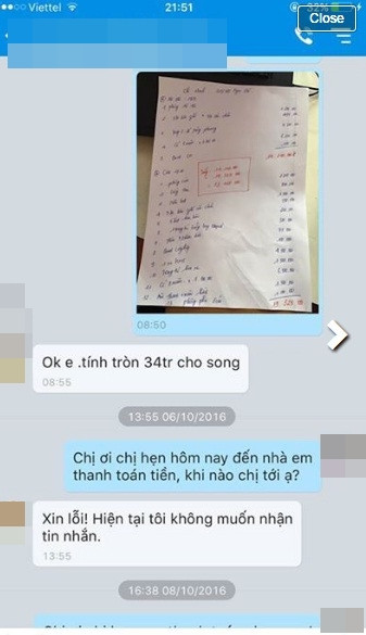 Đoạn hội thoại qua tin nhắn Zalo được chủ dịch vụ cưới hỏi chụp lại...