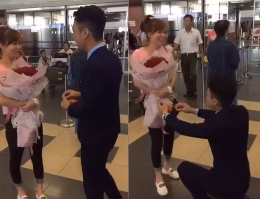 Vài ngày gần đây, nhiều cư dân mạng Việt đang vô cùng thích thú và tò mò về đoạn clip cầu hôn ở sân bay. Sự tự nhiên và những cung bậc cảm xúc thể hiện qua các hành động của hai nhân vật chính đã tạo nên nét đặc biệt của đoạn clip, hút số lượng người xem rất lớn chỉ trong một khoảng thời gian ngắn. Rất nhanh chóng, những thông tin về cặp đôi cầu hôn ngọt lịm ở sân bay đã được cư dân mạng truyền tai nhau. Người chia sẻ đoạn clip cầu hôn này lên mạng cũng có vài dòng mô tả đặc biệt kích thích mọi người cũng tìm hiểu về các nhân vật chính. Ảnh trong bài: Facebook nhân vật.