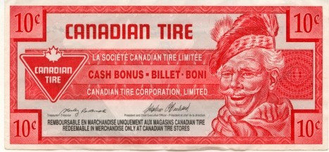 Canadian Tire Đồng Canadian Tire vốn xuất hiện trong một chương trình khuyến mại phiếu giảm giá do công ty Canadian Tire phát hành từ năm 1958. Loại tiền này chỉ được coi như là một dạng tiền thưởng khi mua hàng tại bất kỳ cửa hàng nào của Canadian Tire, và cũng chỉ có giá trị lưu hành tại Canadian Tire.