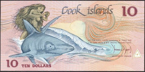 10 USD – Quần đảo Cook Tờ tiền 10 đôla này dùng để tôn vinh văn hóa Polynesia của quần đảo Cook với 15 hòn đảo, nằm ở Nam Thái Bình Dương, đông bắc New Zealand. Mặc dù cư dân tại quần đảo Cook chủ yếu sử dụng đồng đôla New Zealand nhưng chính quyền vẫn phát hành đồng tiền riêng biệt. Trên tờ tiền này in hình một người phụ nữ ngực trần cưỡi một con cá mập. Điểm đặc biệt là loại tiền này chỉ có thể được sử dụng và trao đổi trong quần đảo Cook bởi không ngân hàng nào trên thế giới chấp nhận nó.