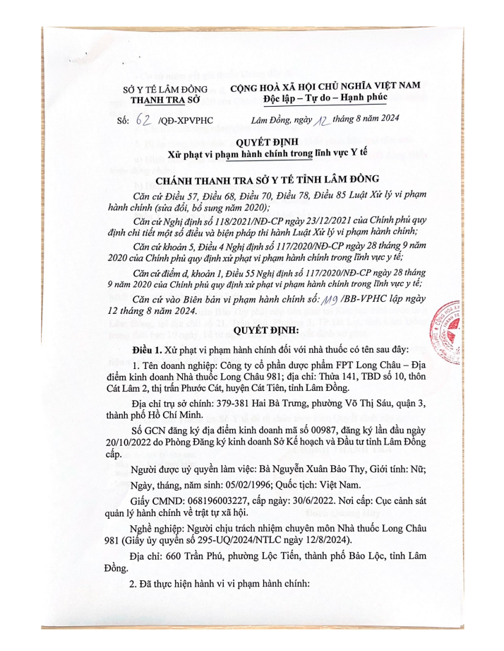 Lâm Đồng: Một ngày 2 Nhà thuốc Long Châu bị xử phạt - Hình 3 Lam Dong: Mot ngay 2 Nha thuoc Long Chau bi xu phat-Hinh-3