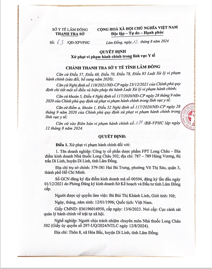 Lâm Đồng: Một ngày 2 Nhà thuốc Long Châu bị xử phạt - Hình 2 Lam Dong: Mot ngay 2 Nha thuoc Long Chau bi xu phat-Hinh-2