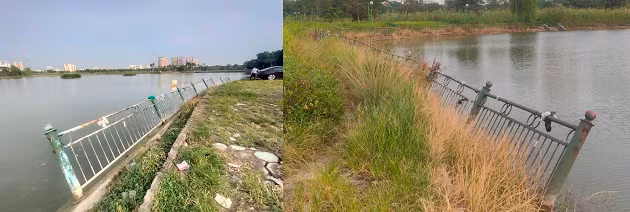 Hàng rào bao quanh hồ trung tâm nhiều đoạn sụt lún nghiêng ngả, xuống cấp trầm trọng. 