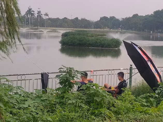 Khu vực hồ điều hòa trong công viên trở thành điểm đến của nhiều “cần thủ” câu cá vào nhiều khung giờ trong ngày. 