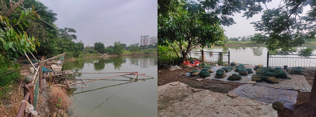 Không chỉ câu cá, người dân còn thoải mái trang bị các dụng cụ đánh bắt chuyên nghiệp như thuyền, lưới, vó... mà không hề có đơn vị quản lý nào nhắc nhở. 