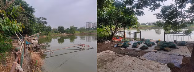 Không chỉ câu cá, người dân còn thoải mái trang bị các dụng cụ đánh bắt chuyên nghiệp như thuyền, lưới, vó... mà không hề có đơn vị quản lý nào nhắc nhở. 