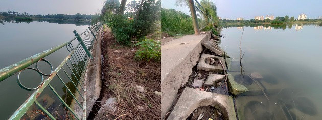 Bờ kè xung quanh khu vực hồ điều hòa trong công viên bị sụt lún, hư hỏng nặng. Hầu hết, những tấm bê tông chống xói lở đều lăn xuống hồ. 