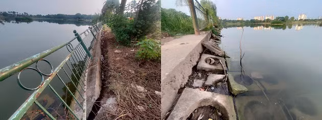 Bờ kè xung quanh khu vực hồ điều hòa trong công viên bị sụt lún, hư hỏng nặng. Hầu hết, những tấm bê tông chống xói lở đều lăn xuống hồ. 