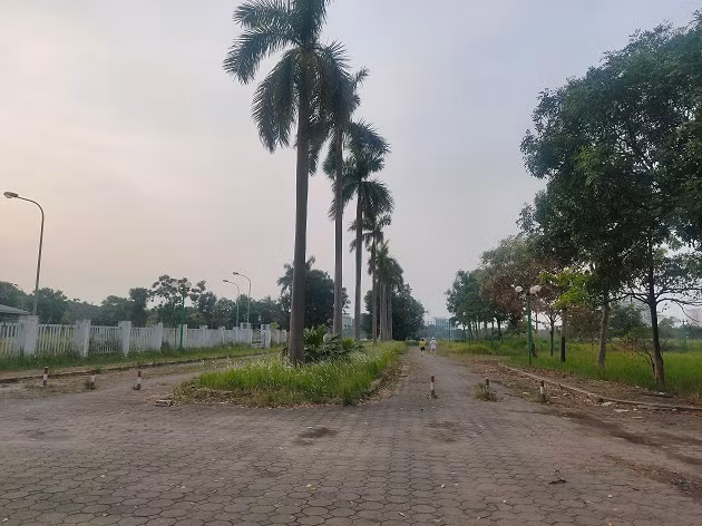 Lối vào công viên Việt Hưng trên đường Đoàn Khuê không có cổng và mọc đầy cỏ dại. 